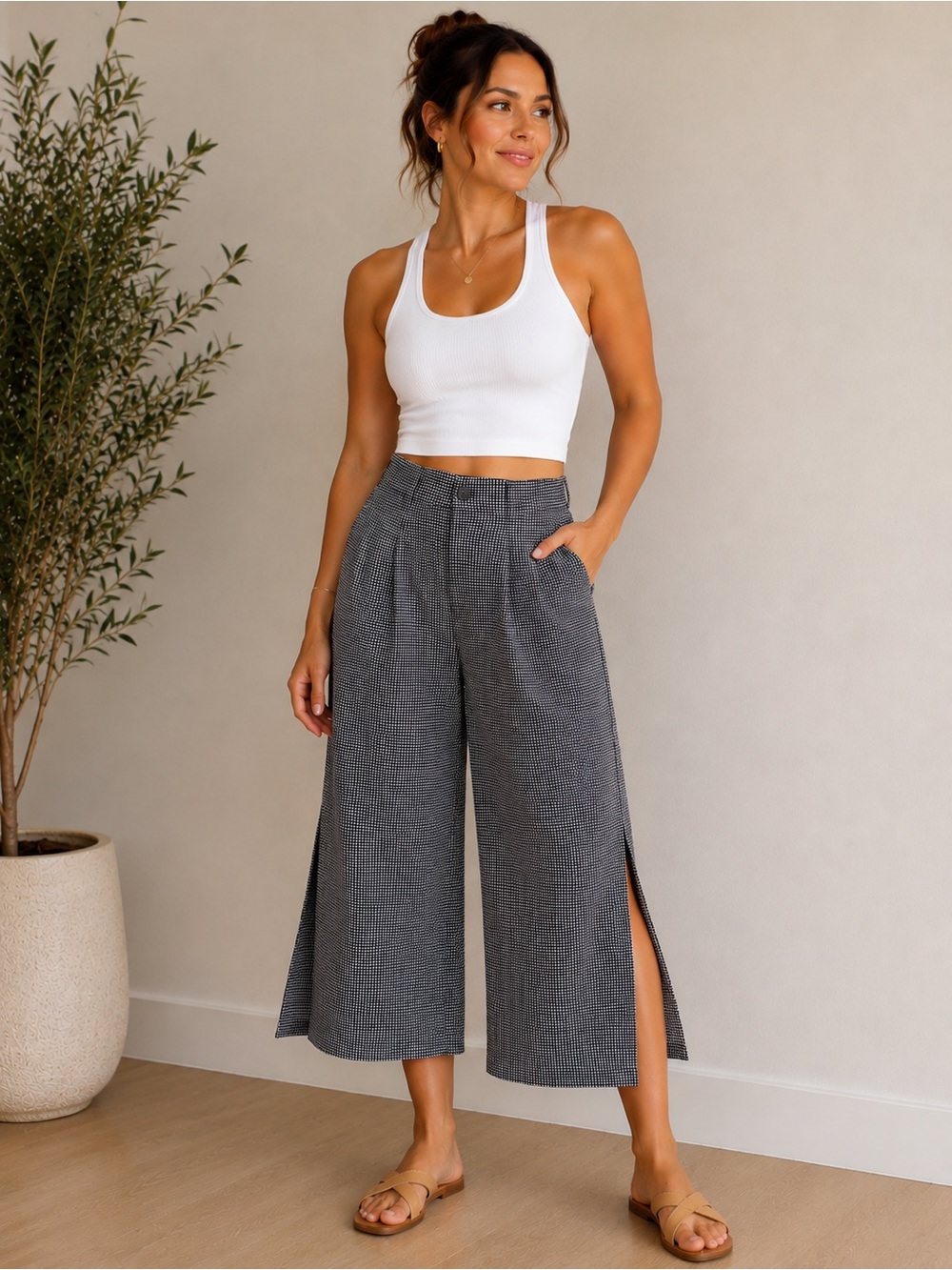 Equipment Femme 100% Silk Gingham Wide Leg Crop Pants Size 4 NWT